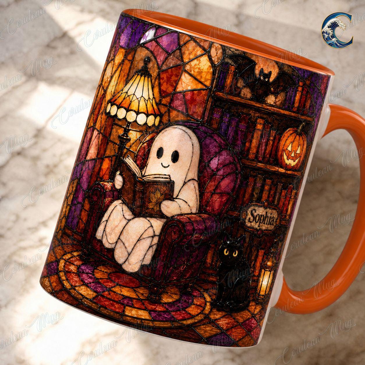 Personalized Stained Glass Reading Mug, Ghost Reading Coffee Mug, Halloween Cat Lover Mug, Custom Name Book Mug, Autumn Reading Gift