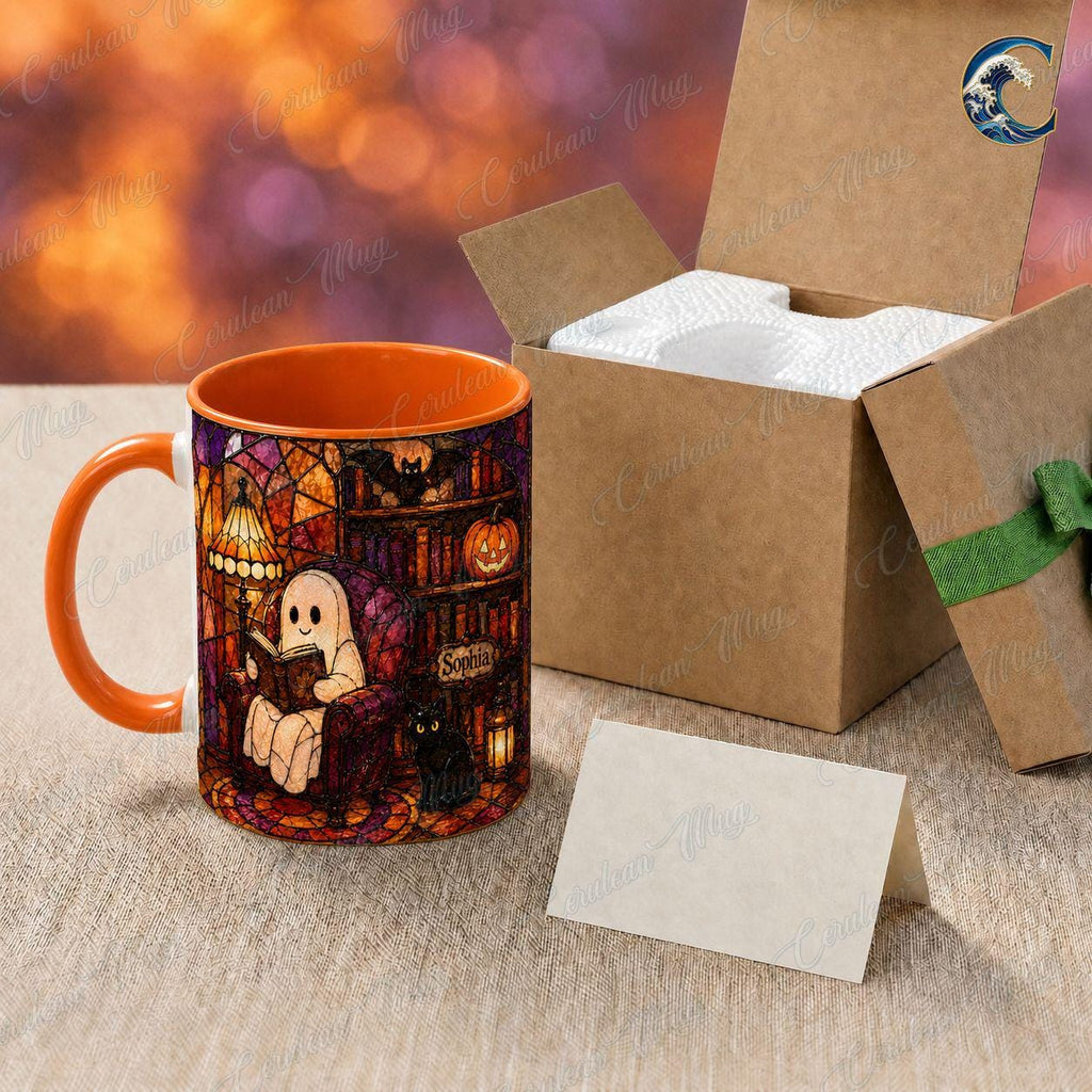 Personalized Stained Glass Reading Mug, Ghost Reading Coffee Mug, Halloween Cat Lover Mug, Custom Name Book Mug, Autumn Reading Gift