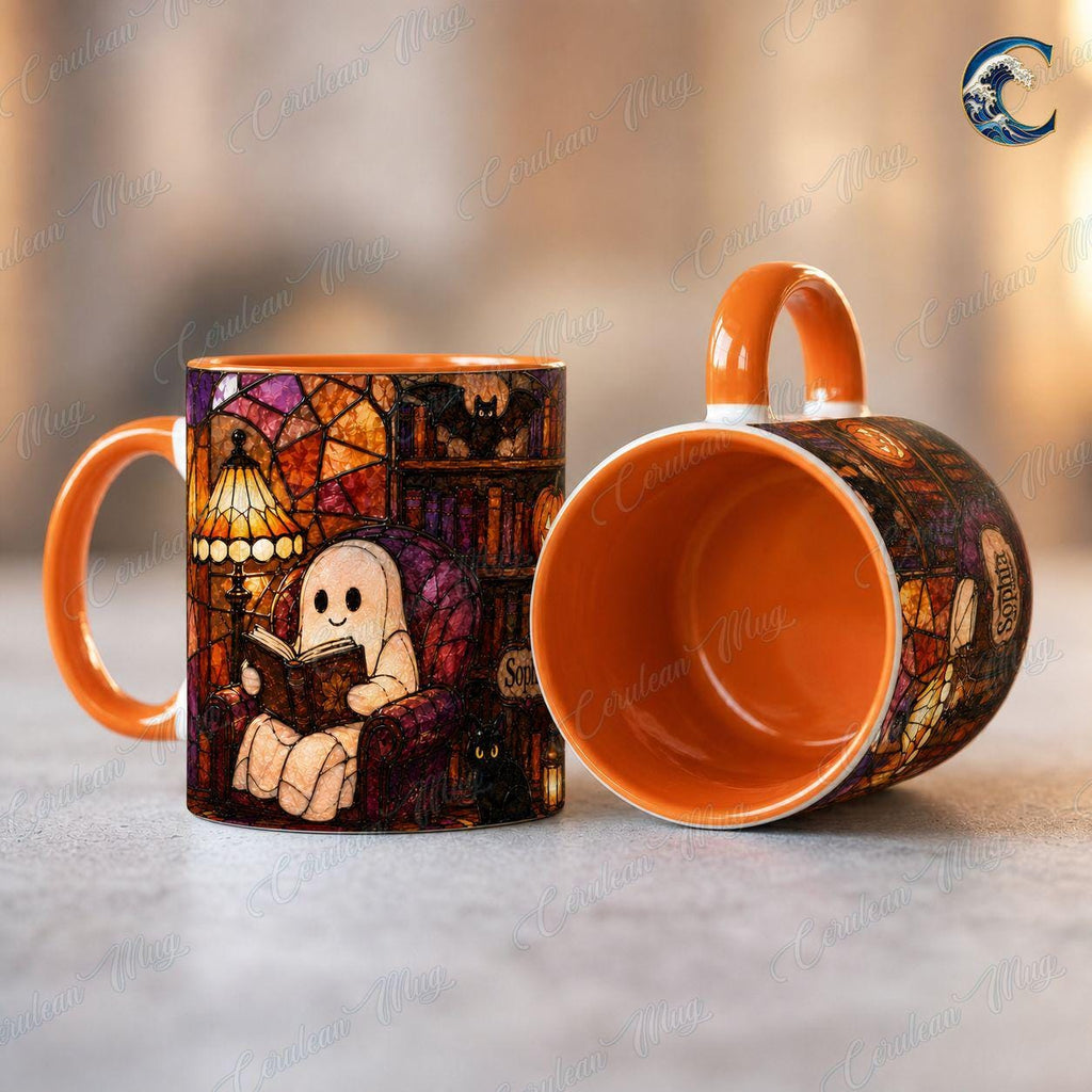Personalized Stained Glass Reading Mug, Ghost Reading Coffee Mug, Halloween Cat Lover Mug, Custom Name Book Mug, Autumn Reading Gift