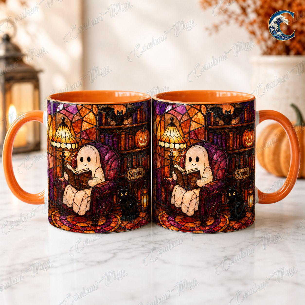 Personalized Stained Glass Reading Mug, Ghost Reading Coffee Mug, Halloween Cat Lover Mug, Custom Name Book Mug, Autumn Reading Gift