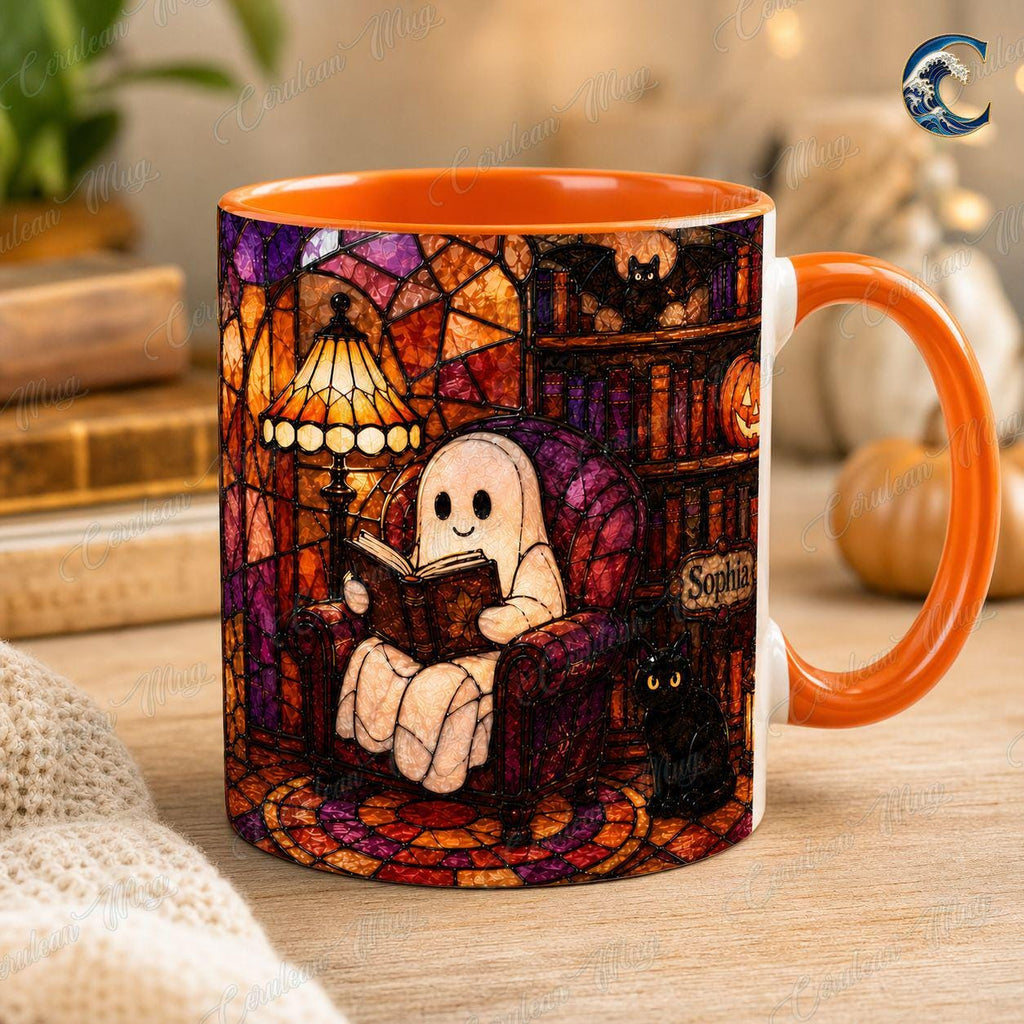 Personalized Stained Glass Reading Mug, Ghost Reading Coffee Mug, Halloween Cat Lover Mug, Custom Name Book Mug, Autumn Reading Gift
