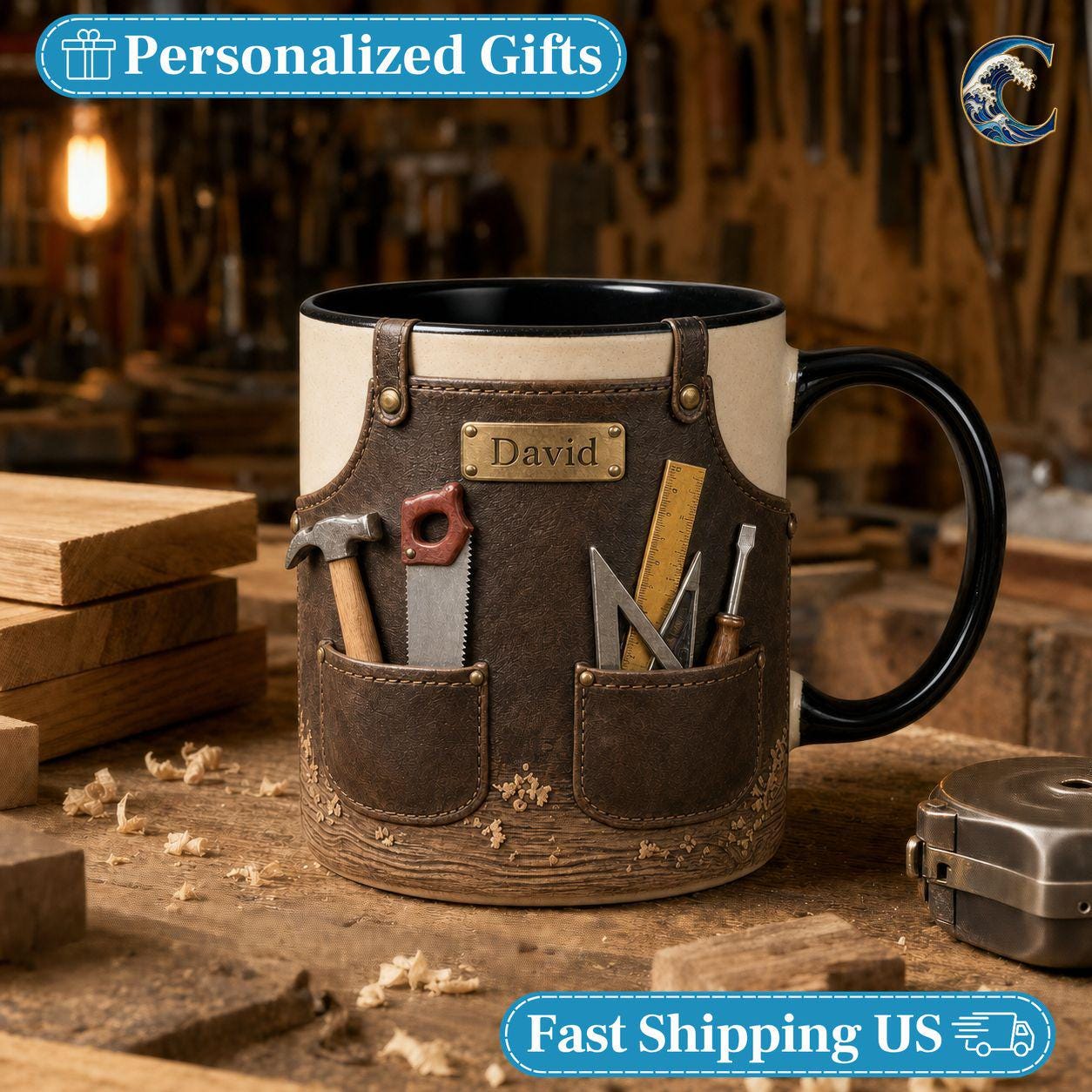 Personalized Carpenter Name Mug, Custom Woodworker Coffee Mug, Leather Tool Apron Mug, Woodworking Tools Mug, Carpenter Gift
