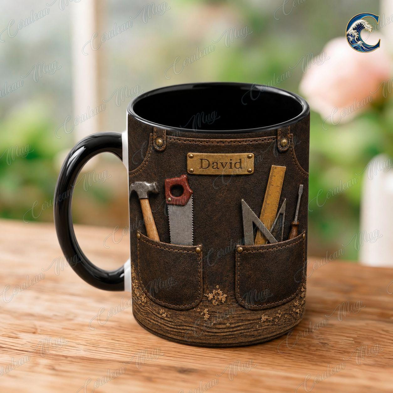 Personalized Carpenter Name Mug, Custom Woodworker Coffee Mug, Leather Tool Apron Mug, Woodworking Tools Mug, Carpenter Gift