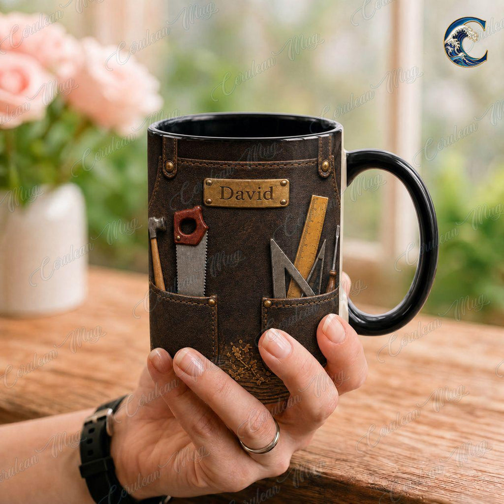 Personalized Carpenter Name Mug, Custom Woodworker Coffee Mug, Leather Tool Apron Mug, Woodworking Tools Mug, Carpenter Gift
