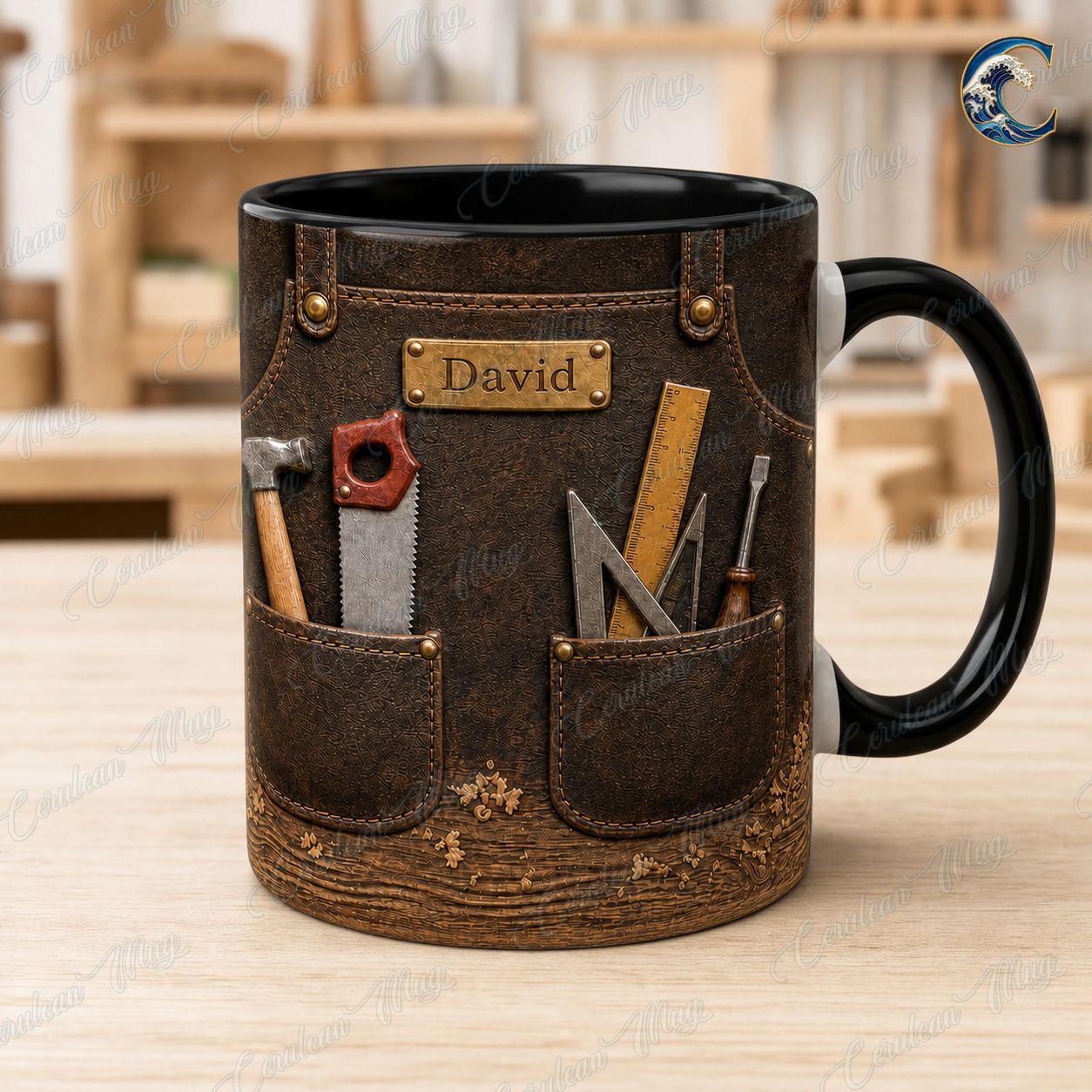 Personalized Carpenter Name Mug, Custom Woodworker Coffee Mug, Leather Tool Apron Mug, Woodworking Tools Mug, Carpenter Gift