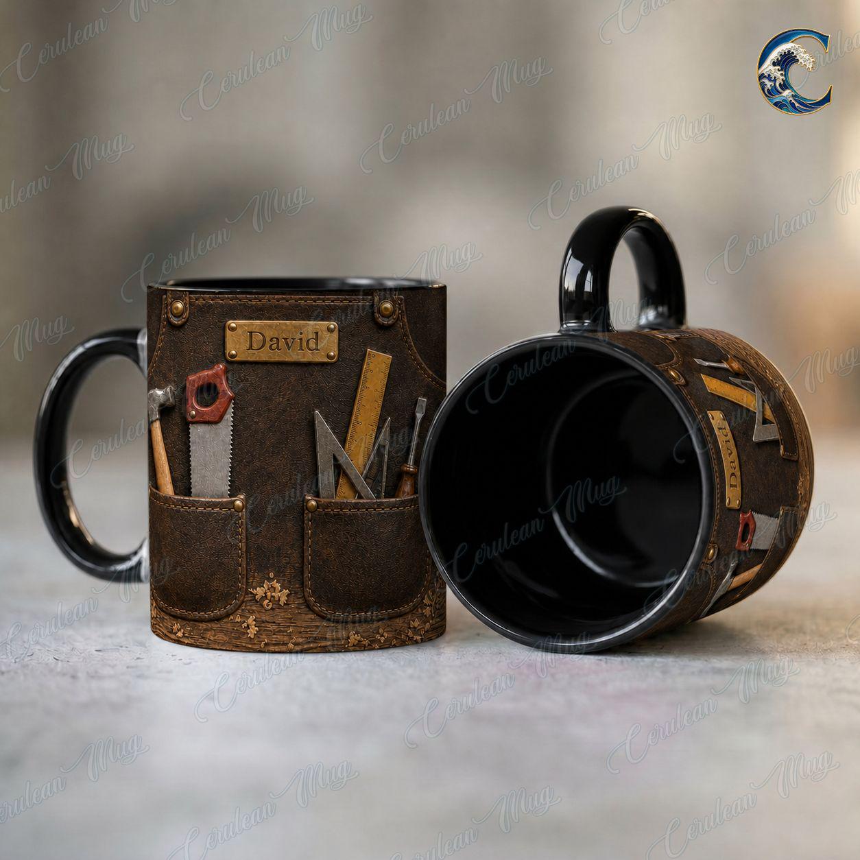 Personalized Carpenter Name Mug, Custom Woodworker Coffee Mug, Leather Tool Apron Mug, Woodworking Tools Mug, Carpenter Gift