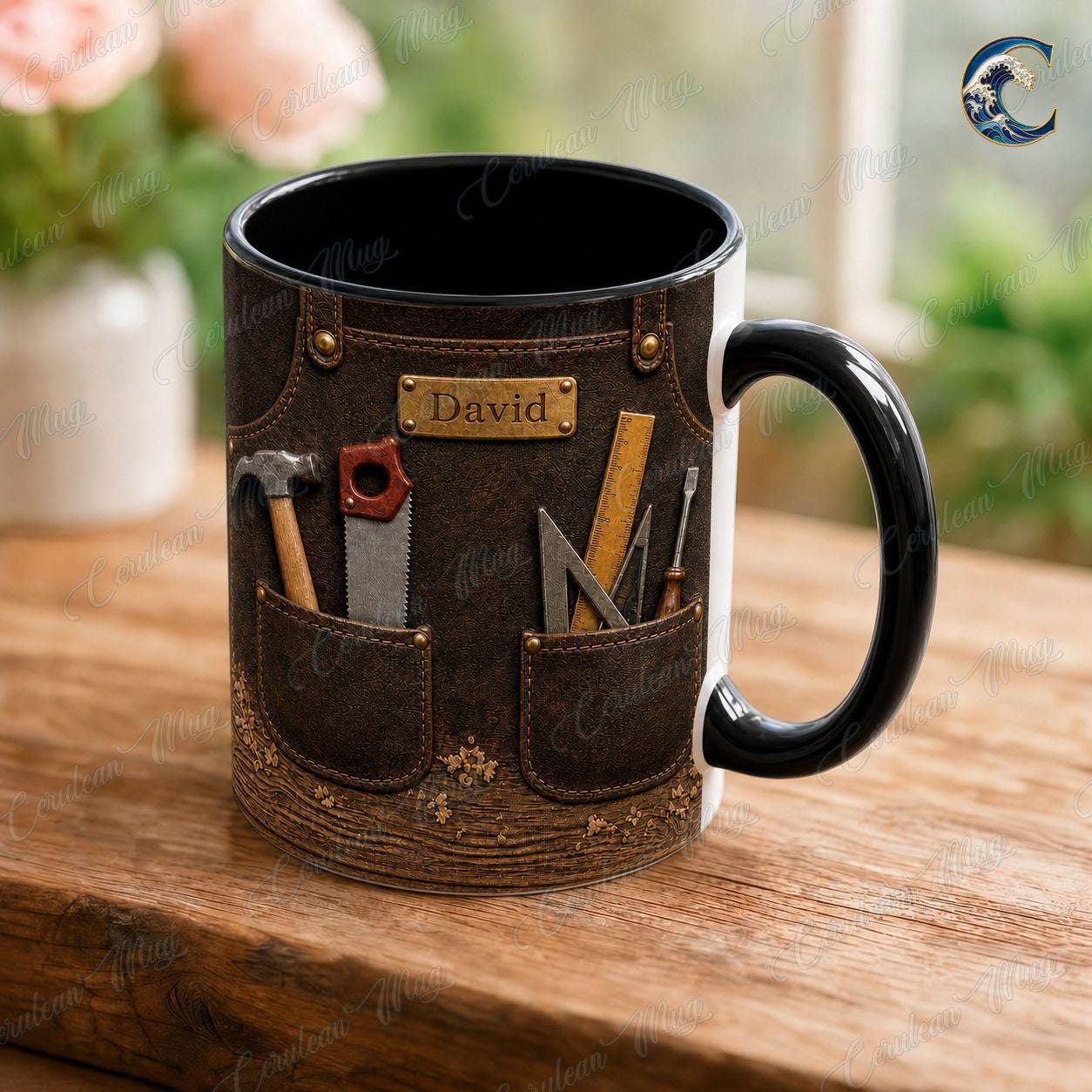 Personalized Carpenter Name Mug, Custom Woodworker Coffee Mug, Leather Tool Apron Mug, Woodworking Tools Mug, Carpenter Gift