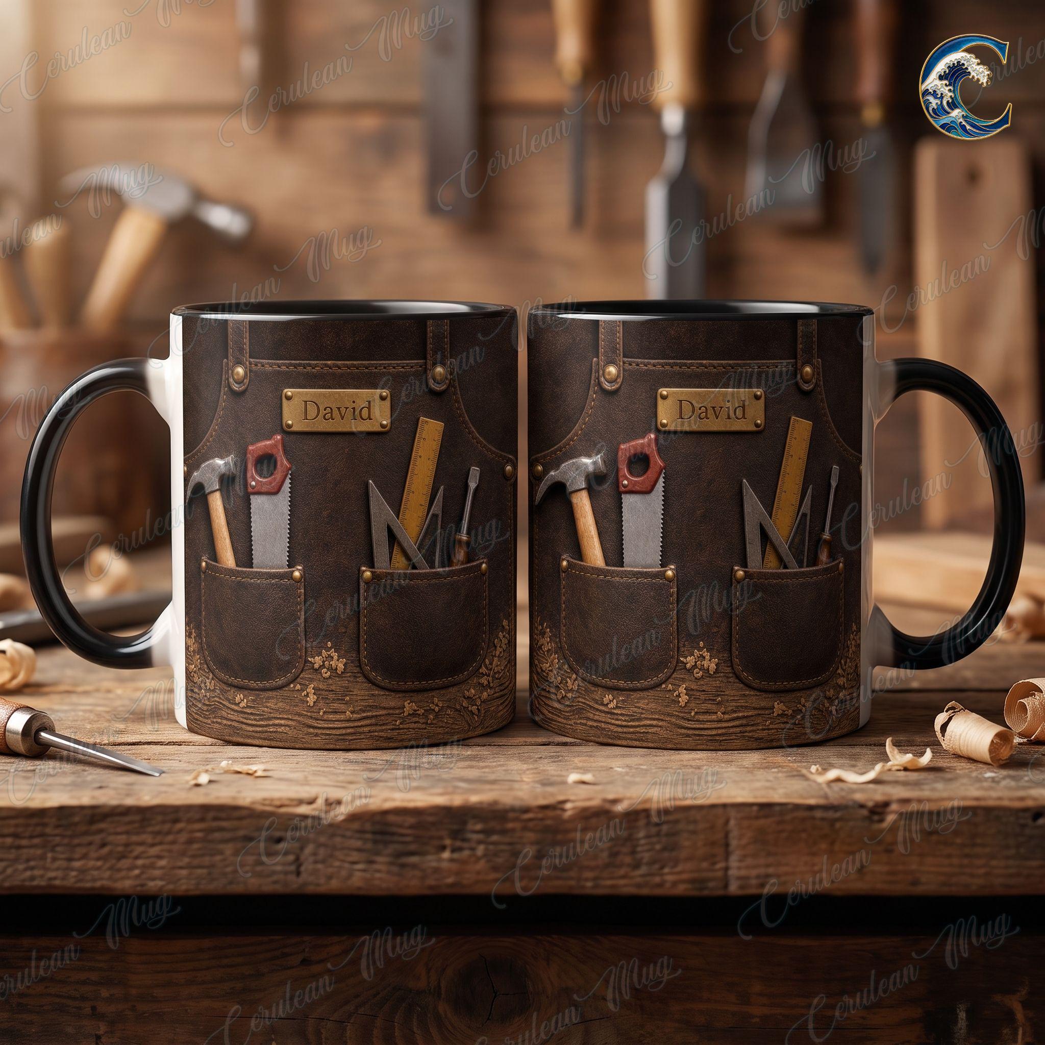 Personalized Carpenter Name Mug, Custom Woodworker Coffee Mug, Leather Tool Apron Mug, Woodworking Tools Mug, Carpenter Gift
