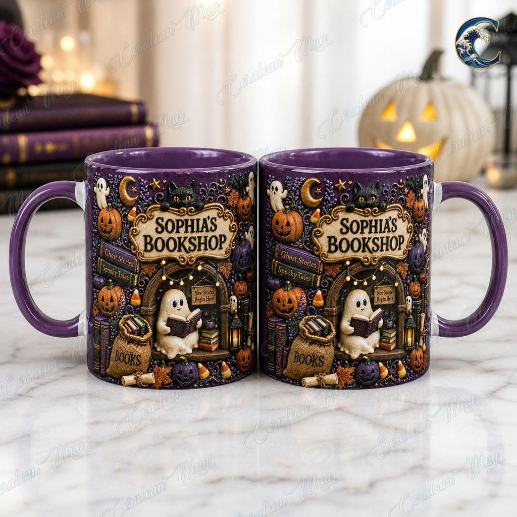 Personalized Bookshop Mug, Cuustom Name Bookshop Coffee Mug, Halloween Ghost Story Mug, Ghost Reading Mug, Spooky Book Gift