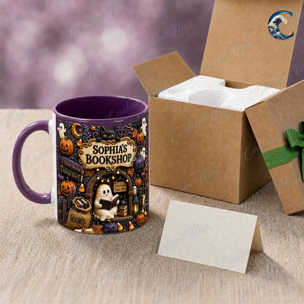 Personalized Bookshop Mug, Cuustom Name Bookshop Coffee Mug, Halloween Ghost Story Mug, Ghost Reading Mug, Spooky Book Gift