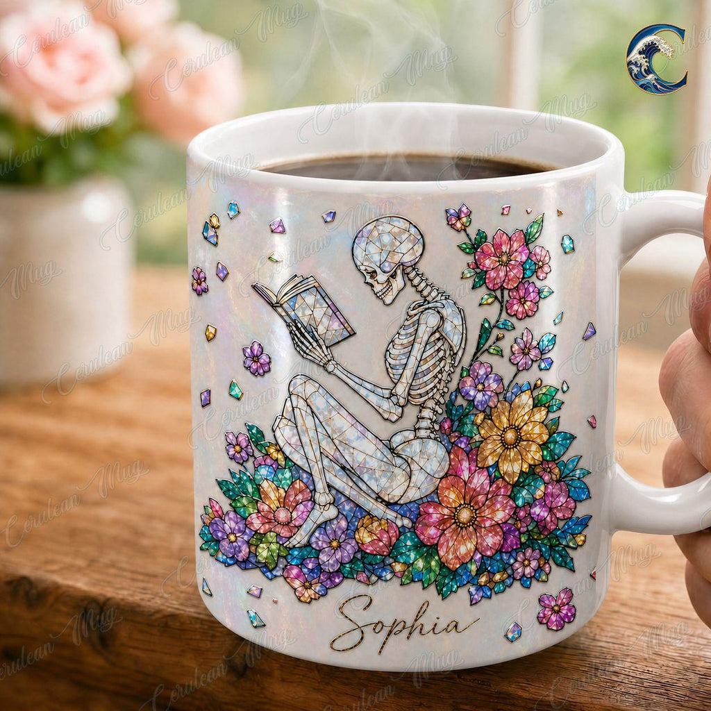 Personalized Skeleton Mug, Floral Reading Coffee Mug, Gemstone Skeleton Book Mug, Custom Name Flower Mug, Bookworm  Gift