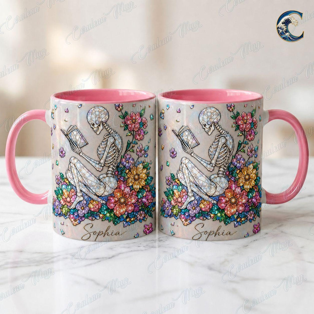 Personalized Skeleton Mug, Floral Reading Coffee Mug, Gemstone Skeleton Book Mug, Custom Name Flower Mug, Bookworm  Gift