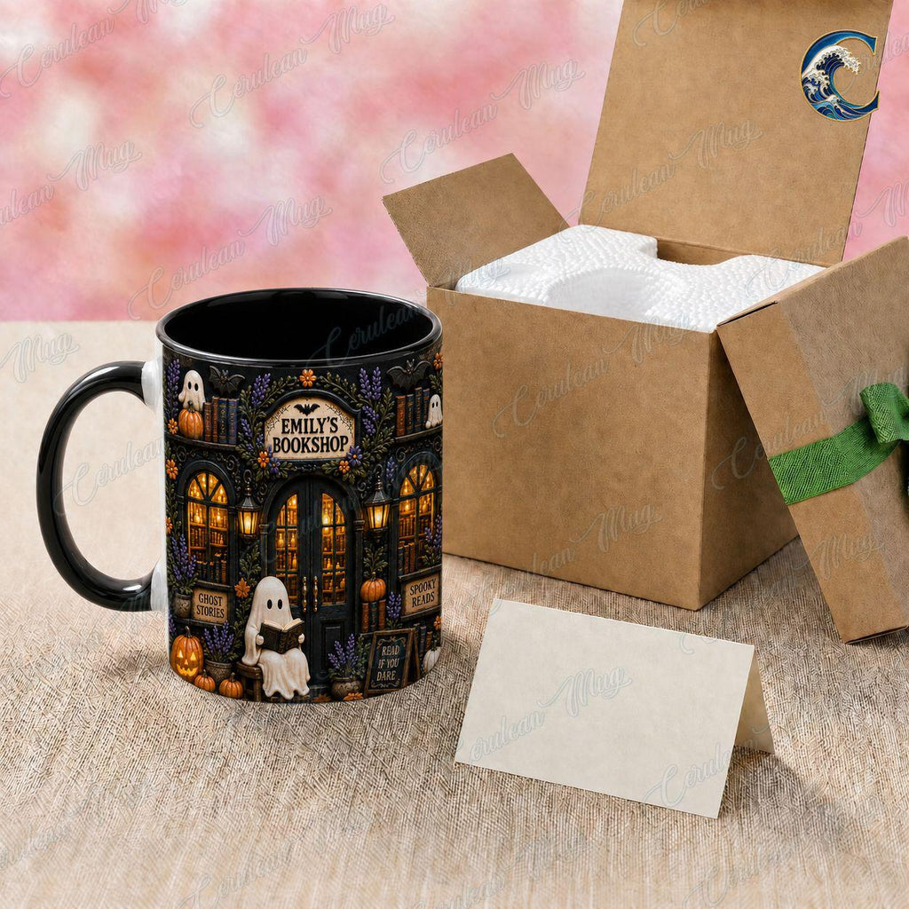 Personalized Bookshop Mug, Custom Name Bookshop Coffee Mug, Spooky Reads Ghost Mug, Custom Name Black Mug, Halloween Reading Gift