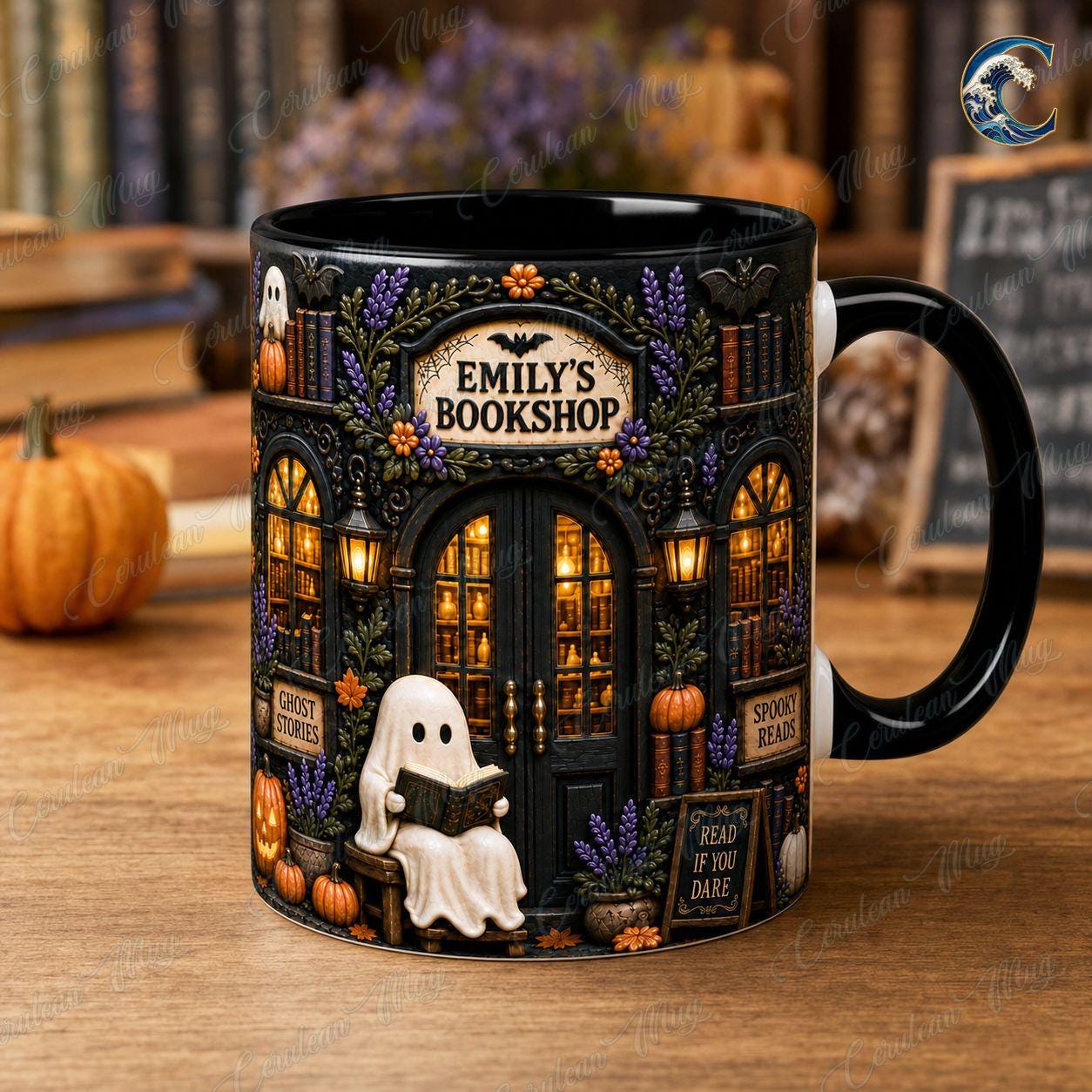 Personalized Bookshop Mug, Custom Name Bookshop Coffee Mug, Spooky Reads Ghost Mug, Custom Name Black Mug, Halloween Reading Gift