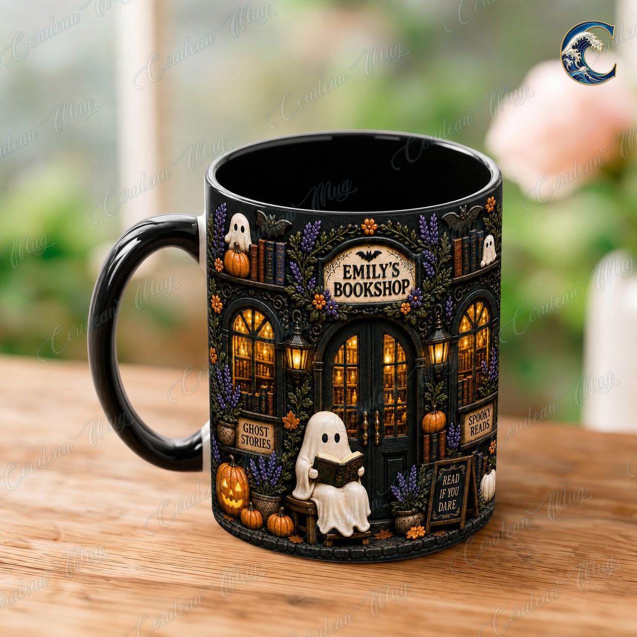 Personalized Bookshop Mug, Custom Name Bookshop Coffee Mug, Spooky Reads Ghost Mug, Custom Name Black Mug, Halloween Reading Gift
