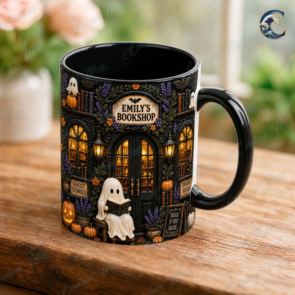 Personalized Bookshop Mug, Custom Name Bookshop Coffee Mug, Spooky Reads Ghost Mug, Custom Name Black Mug, Halloween Reading Gift