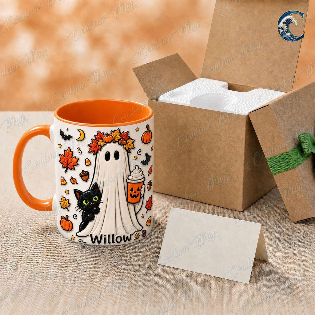 Personalized Ghost Cat Mug, Willow Halloween Coffee Mug, Pumpkin Latte Ghost Mug, Custom Name Kids Mug, Fall Halloween Gift
