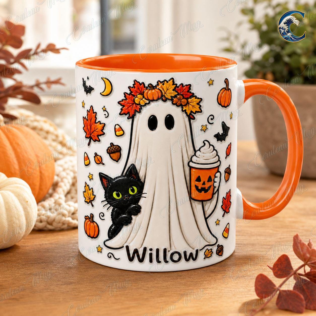 Personalized Ghost Cat Mug, Willow Halloween Coffee Mug, Pumpkin Latte Ghost Mug, Custom Name Kids Mug, Fall Halloween Gift