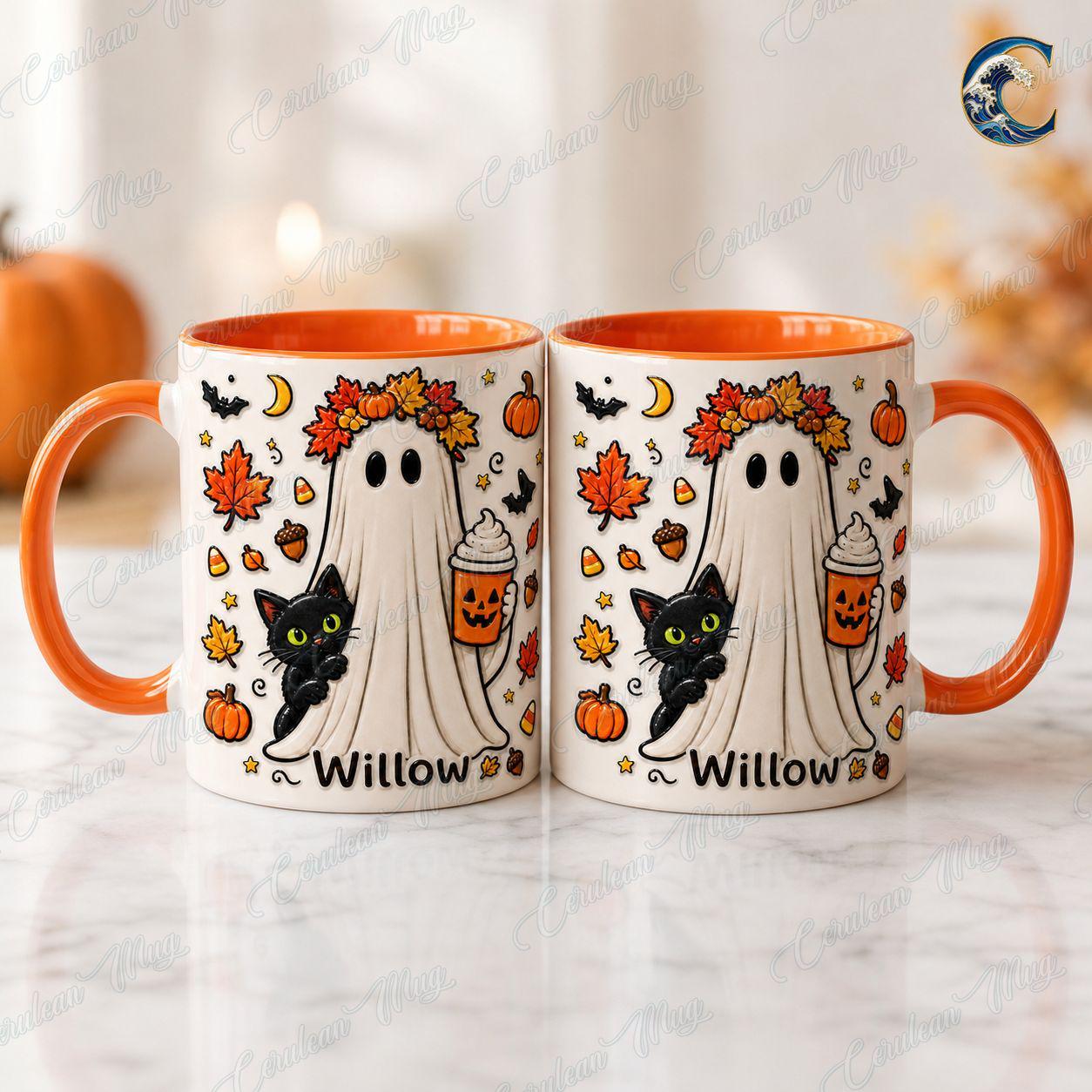 Personalized Ghost Cat Mug, Willow Halloween Coffee Mug, Pumpkin Latte Ghost Mug, Custom Name Kids Mug, Fall Halloween Gift