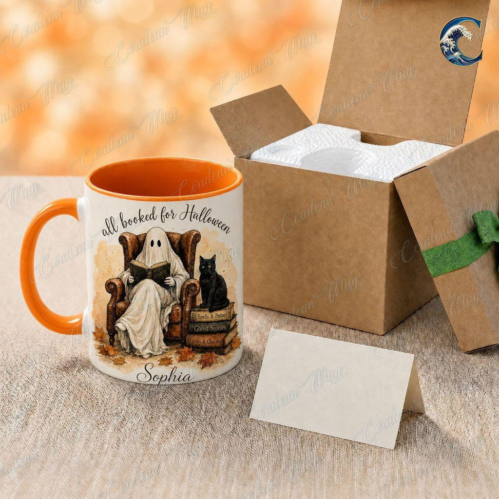 Personalized Ghost Book Mug, Booked Halloween Coffee Mug, Cozy Armchair Mug, Halloween Reading Ghost Mug, Spooky Books Gift