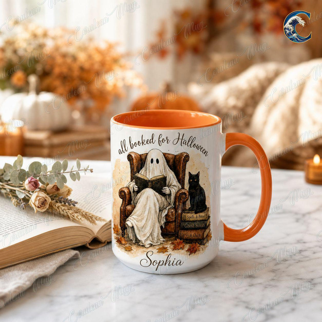 Personalized Ghost Book Mug, Booked Halloween Coffee Mug, Cozy Armchair Mug, Halloween Reading Ghost Mug, Spooky Books Gift