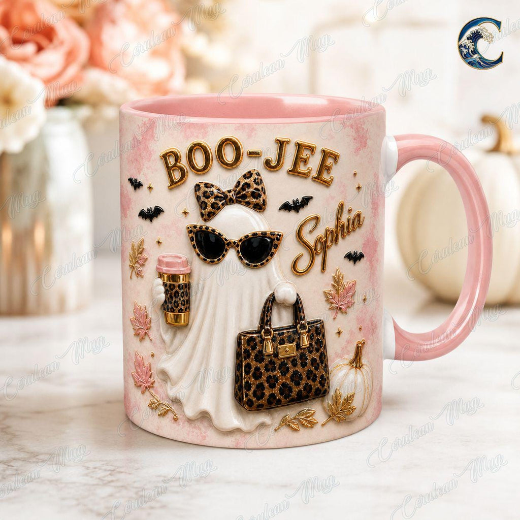 Personalized Boo Jee Mug, Leopard Ghost Coffee Mug, Boujee Halloween Mug, Custom Name Leopard  Mug, Trendy Boujee Fall Gift