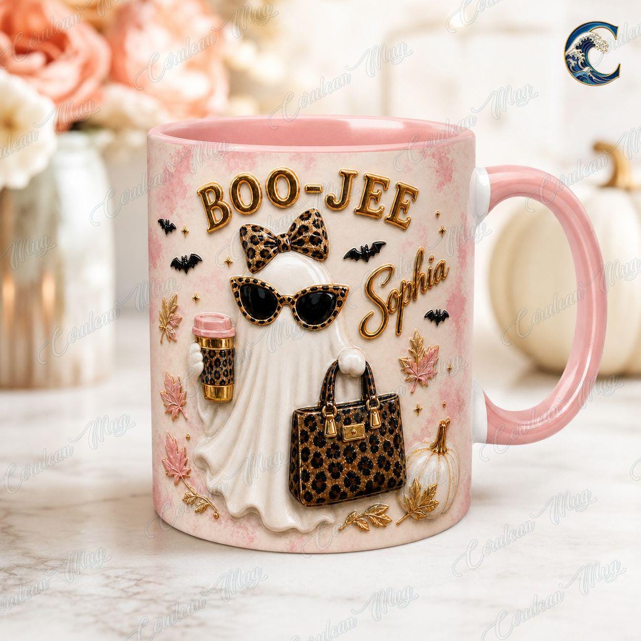 Personalized Boo Jee Mug, Leopard Ghost Coffee Mug, Boujee Halloween Mug, Custom Name Leopard  Mug, Trendy Boujee Fall Gift
