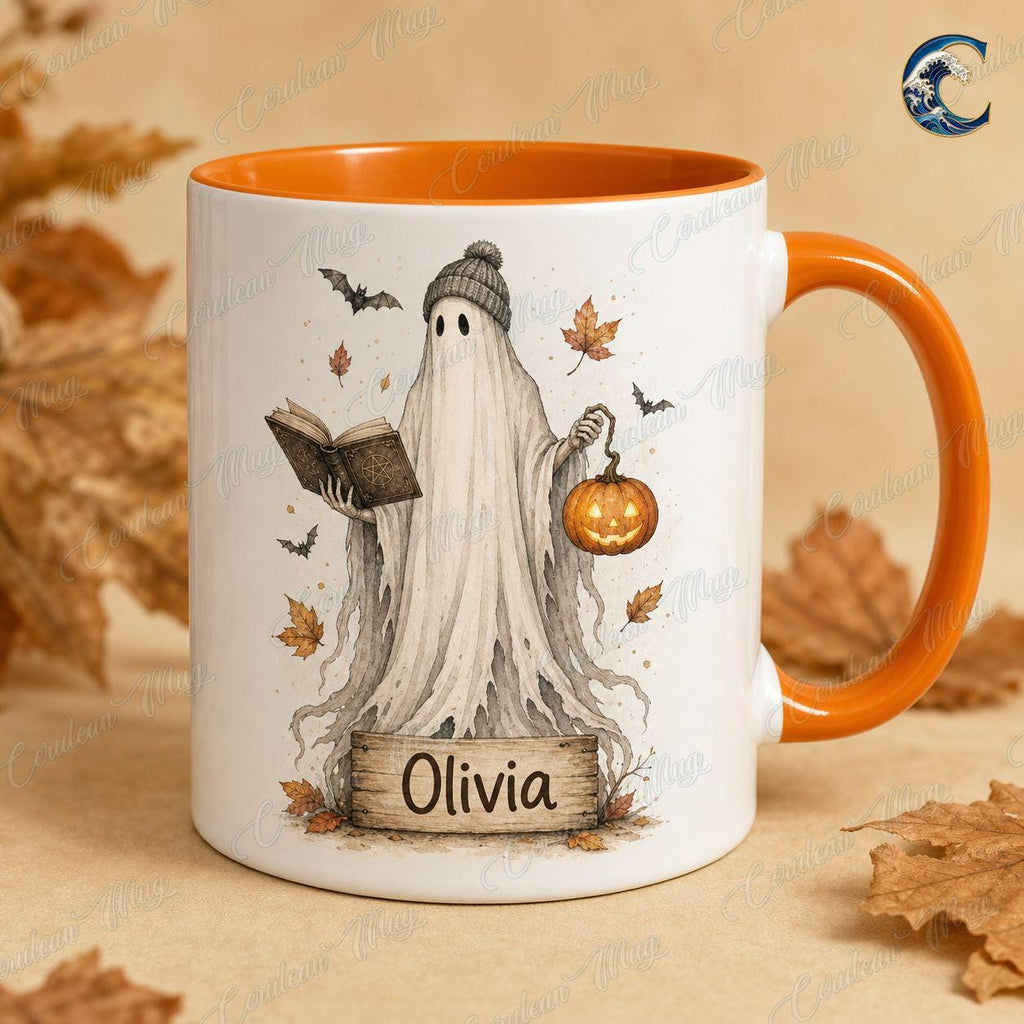 Personalized Ghost Activities Mug, Cute Ghost Set Coffee Mug, Halloween Booked Mug, Custom Name Witch Mug, Spooky Autumn Gift