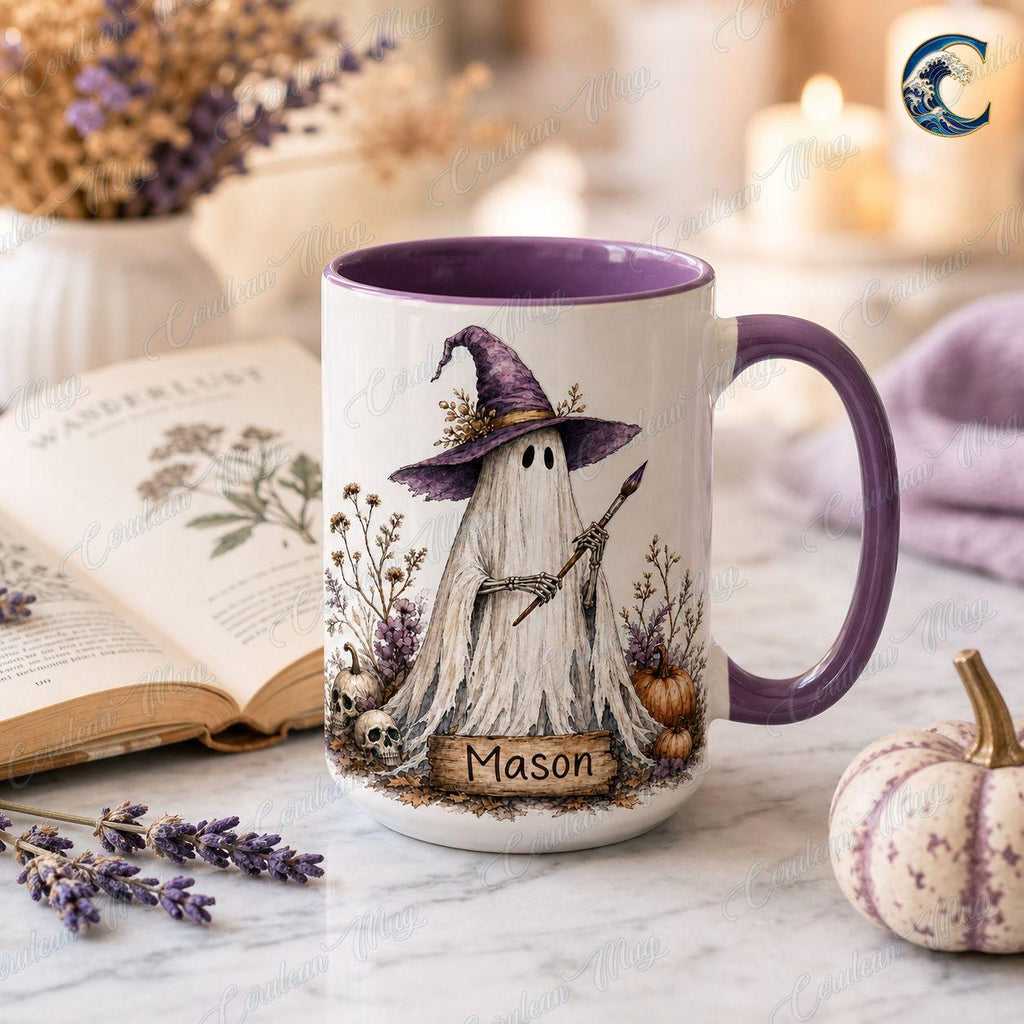 Personalized Ghost Activities Mug, Cute Ghost Set Coffee Mug, Halloween Booked Mug, Custom Name Witch Mug, Spooky Autumn Gift