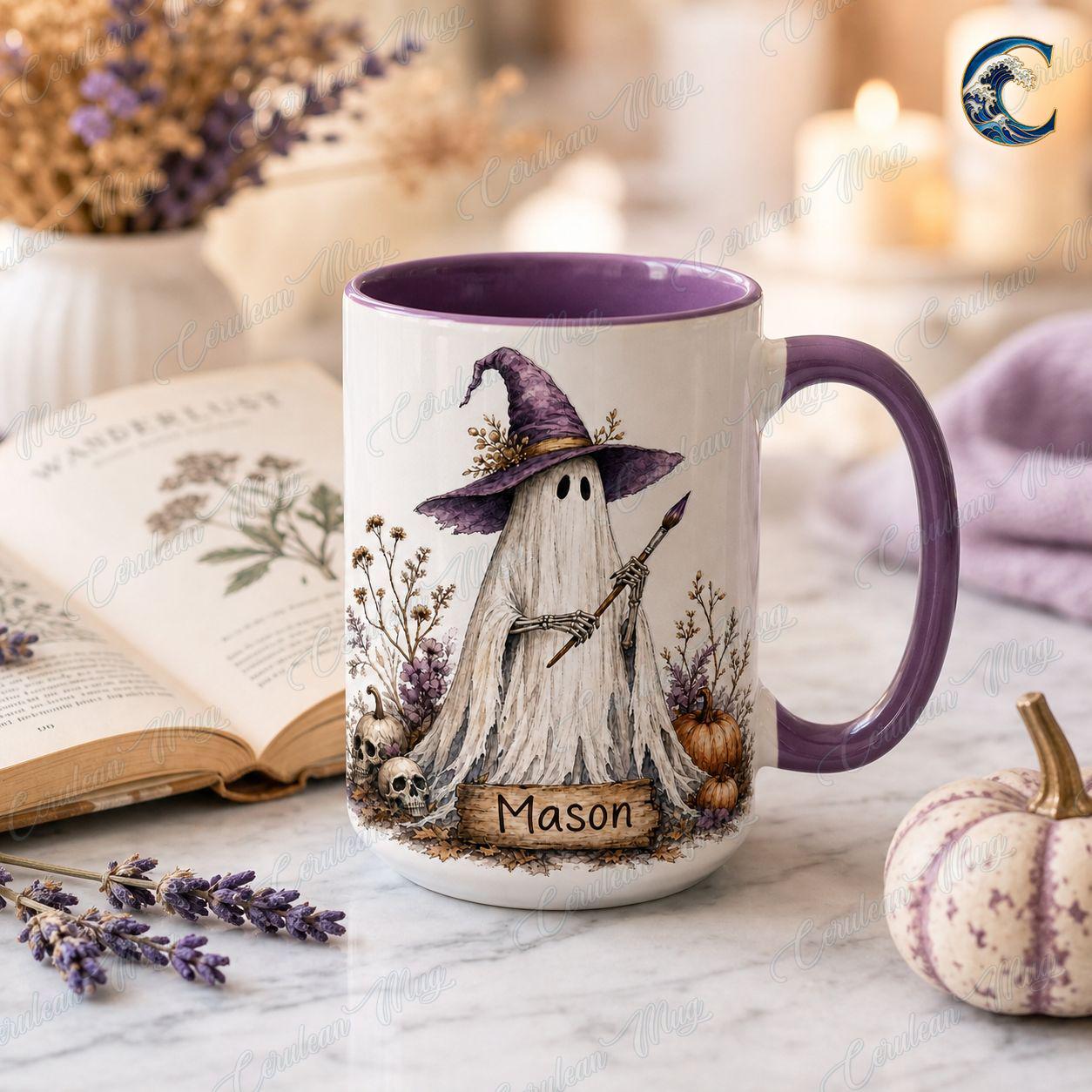 Personalized Ghost Activities Mug, Cute Ghost Set Coffee Mug, Halloween Booked Mug, Custom Name Witch Mug, Spooky Autumn Gift