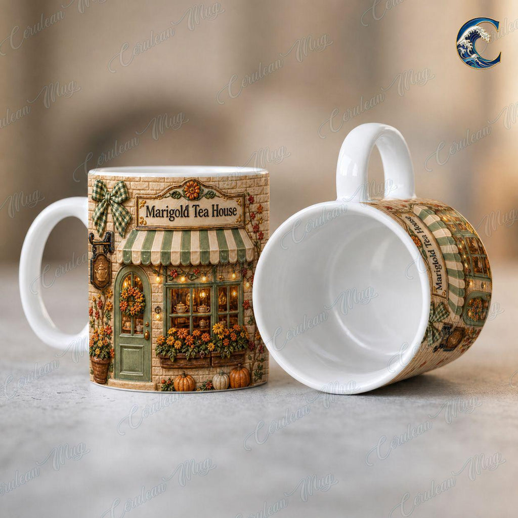 Personalized Tea House Mug, Marigold Tea House Coffee Mug, Fall Flower Storefront Mug, Custom Name Storefront Mug, Cozy Autumn Gift