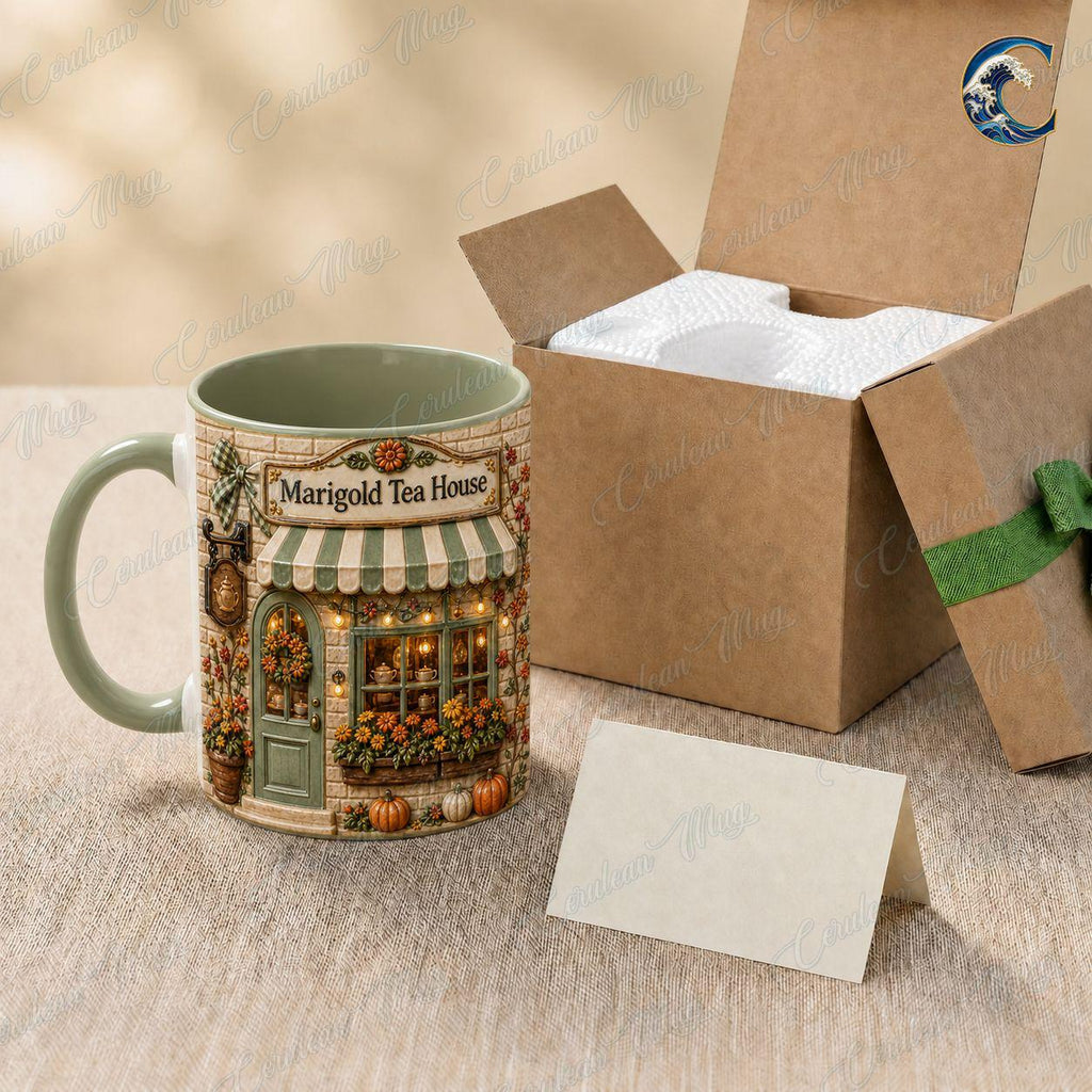 Personalized Tea House Mug, Marigold Tea House Coffee Mug, Fall Flower Storefront Mug, Custom Name Storefront Mug, Cozy Autumn Gift
