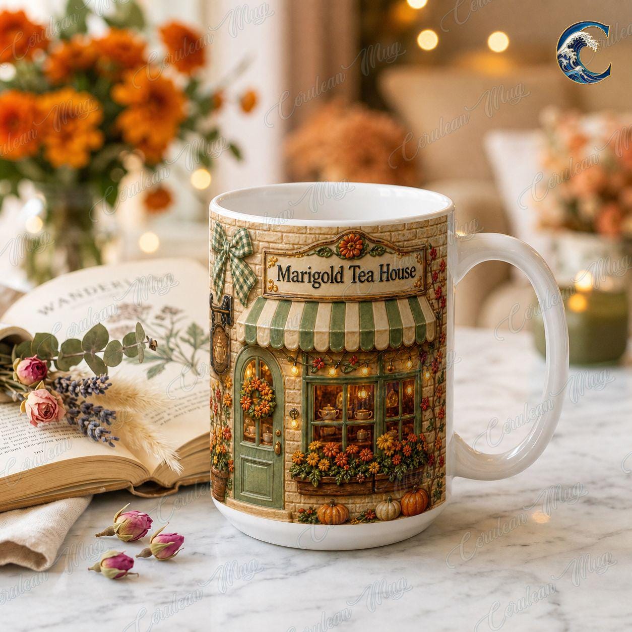 Personalized Tea House Mug, Marigold Tea House Coffee Mug, Fall Flower Storefront Mug, Custom Name Storefront Mug, Cozy Autumn Gift