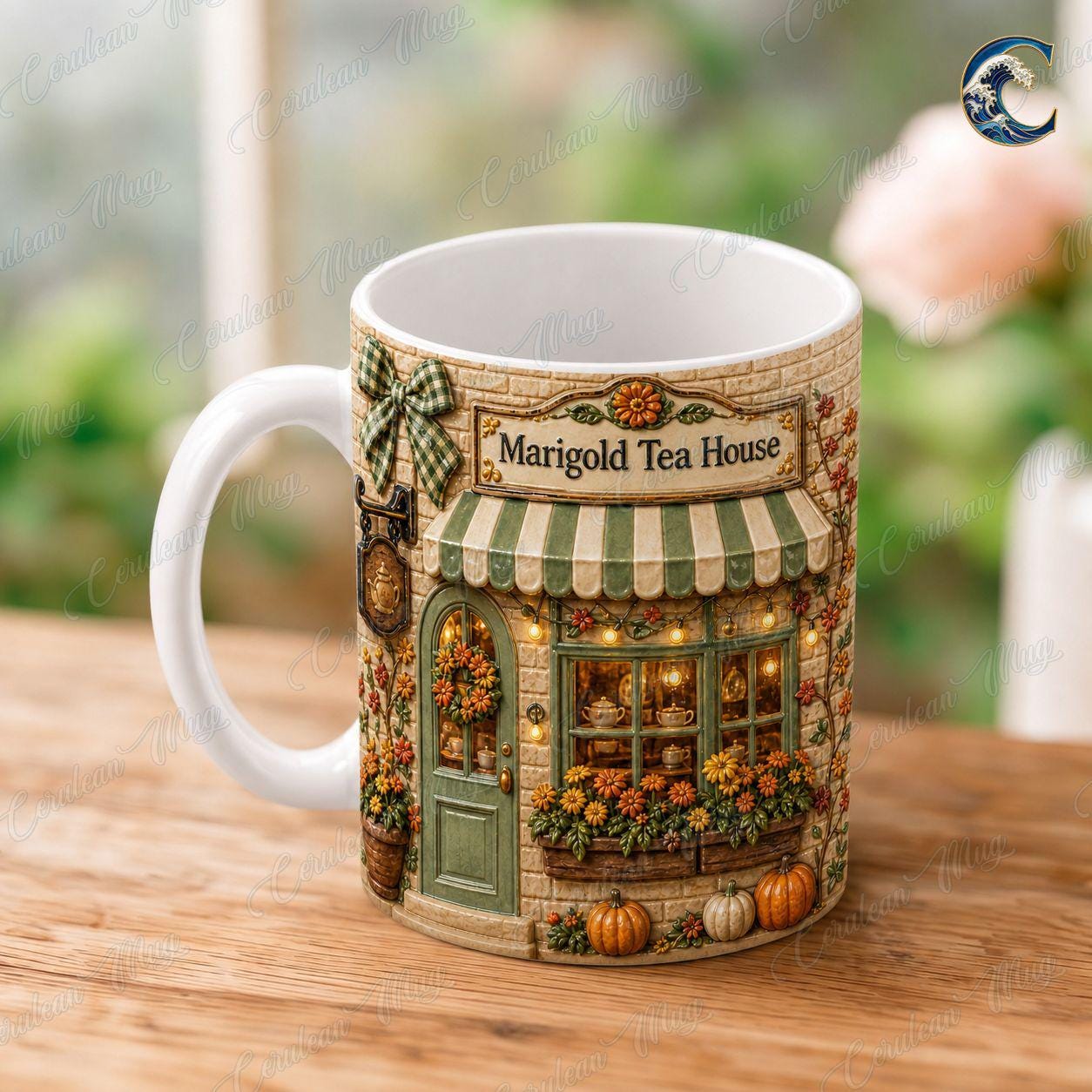Personalized Tea House Mug, Marigold Tea House Coffee Mug, Fall Flower Storefront Mug, Custom Name Storefront Mug, Cozy Autumn Gift