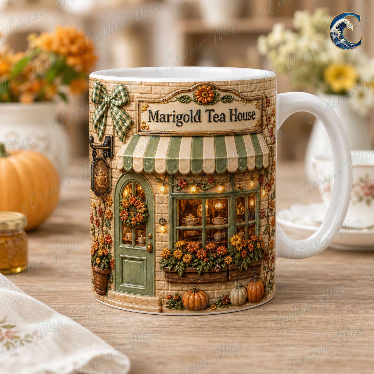 Personalized Tea House Mug, Marigold Tea House Coffee Mug, Fall Flower Storefront Mug, Custom Name Storefront Mug, Cozy Autumn Gift