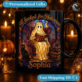 Personalized Stained Glass Mug, Booked Ghost Coffee Mug, Halloween Cat Book Mug, Custom Name Black Mug, Spooky Reading Gift