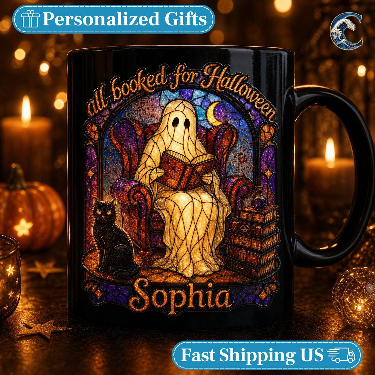 Personalized Stained Glass Mug, Booked Ghost Coffee Mug, Halloween Cat Book Mug, Custom Name Black Mug, Spooky Reading Gift