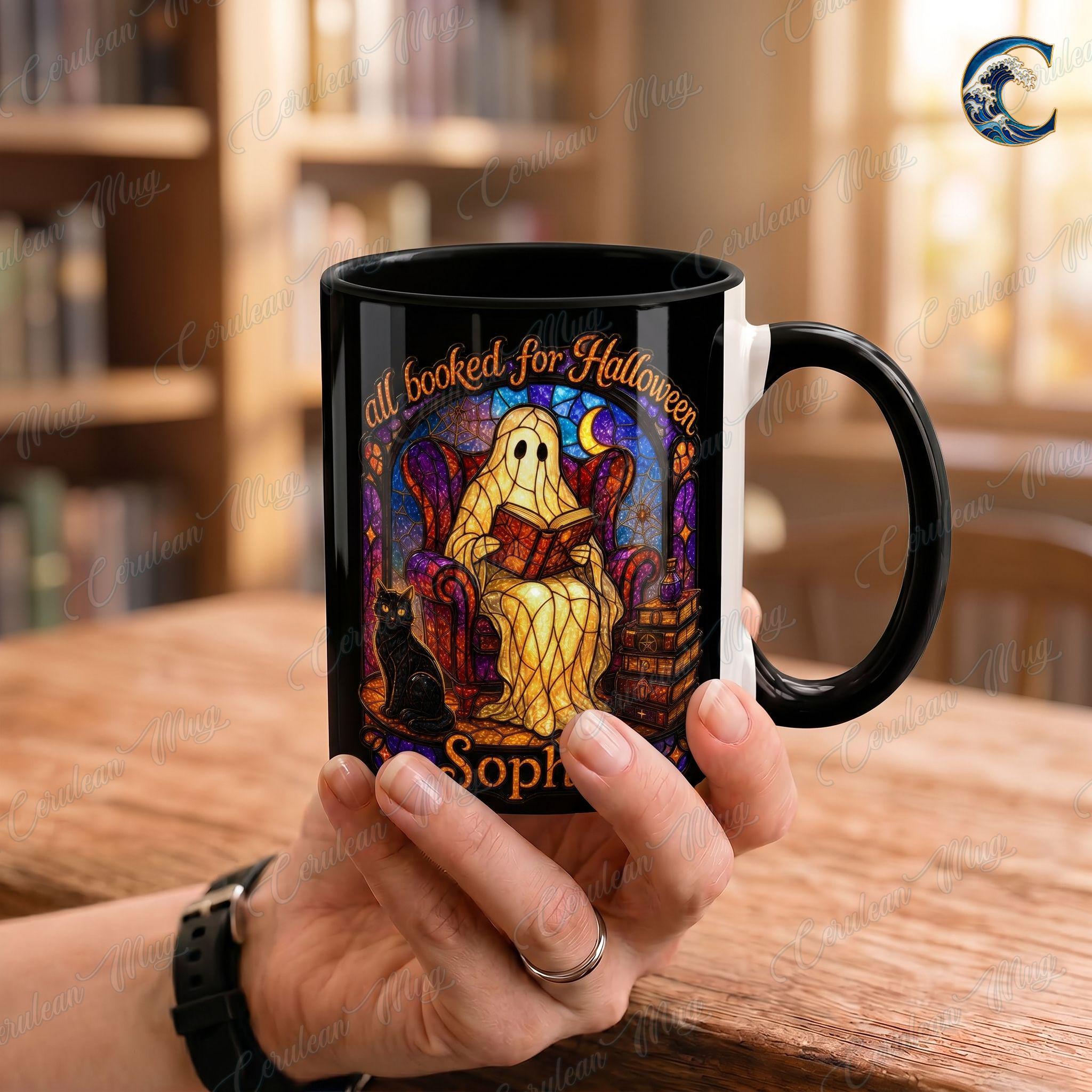 Personalized Stained Glass Mug, Booked Ghost Coffee Mug, Halloween Cat Book Mug, Custom Name Black Mug, Spooky Reading Gift