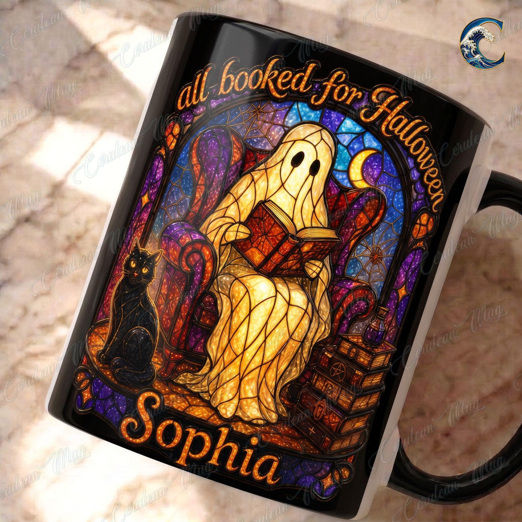 Personalized Stained Glass Mug, Booked Ghost Coffee Mug, Halloween Cat Book Mug, Custom Name Black Mug, Spooky Reading Gift