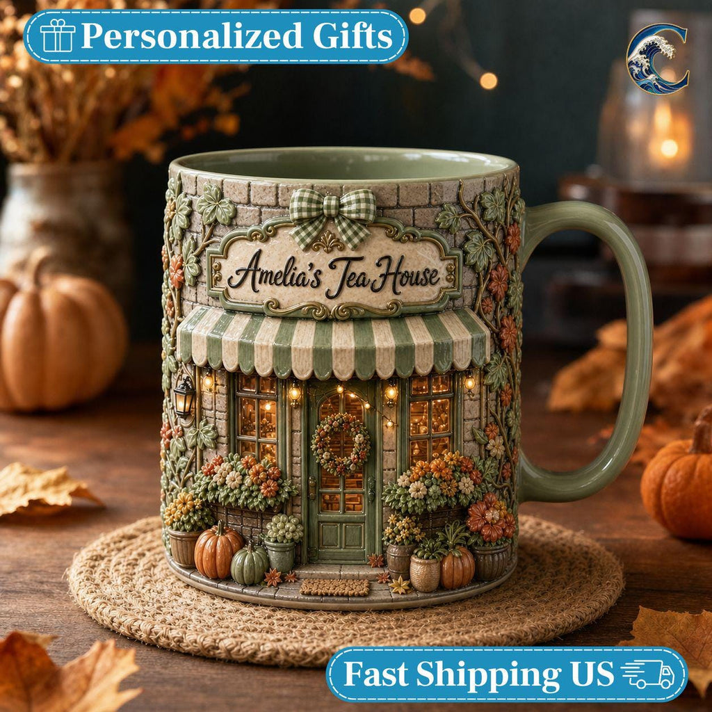 Personalized Tea Shop Mug, Sculpted Tea House Coffee Mug, Cozy Fall Storefront Mug, Custom Name Floral Mug, Autumn Tea Gift
