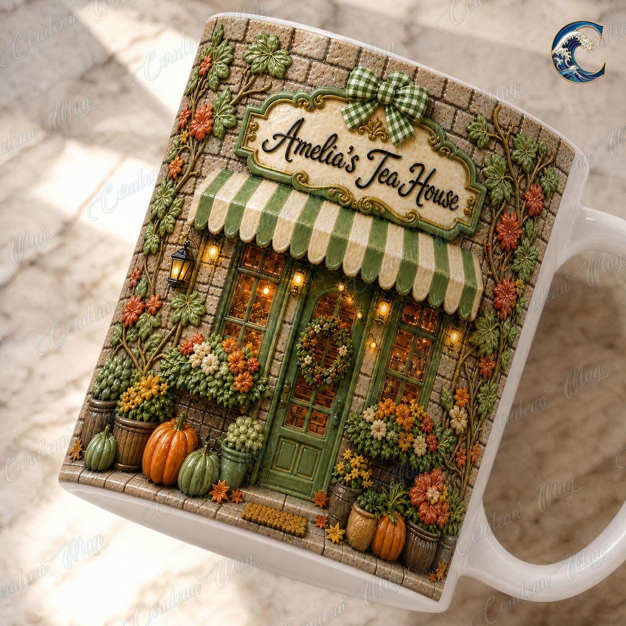 Personalized Tea Shop Mug, Sculpted Tea House Coffee Mug, Cozy Fall Storefront Mug, Custom Name Floral Mug, Autumn Tea Gift