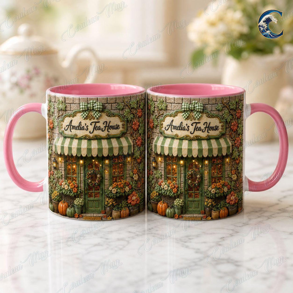 Personalized Tea Shop Mug, Sculpted Tea House Coffee Mug, Cozy Fall Storefront Mug, Custom Name Floral Mug, Autumn Tea Gift