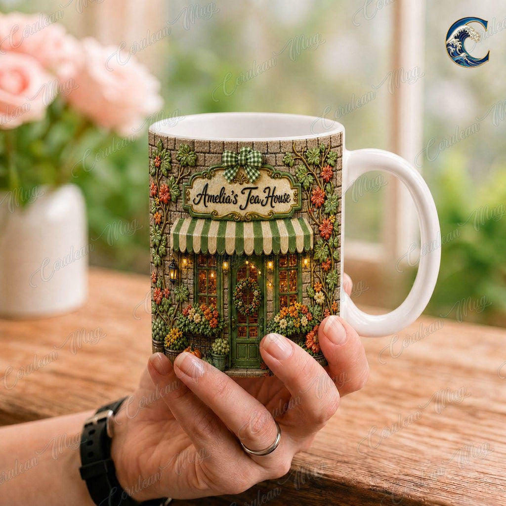 Personalized Tea Shop Mug, Sculpted Tea House Coffee Mug, Cozy Fall Storefront Mug, Custom Name Floral Mug, Autumn Tea Gift