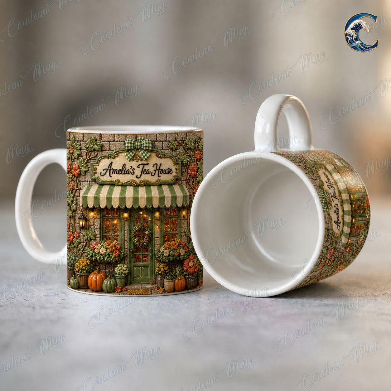 Personalized Tea Shop Mug, Sculpted Tea House Coffee Mug, Cozy Fall Storefront Mug, Custom Name Floral Mug, Autumn Tea Gift