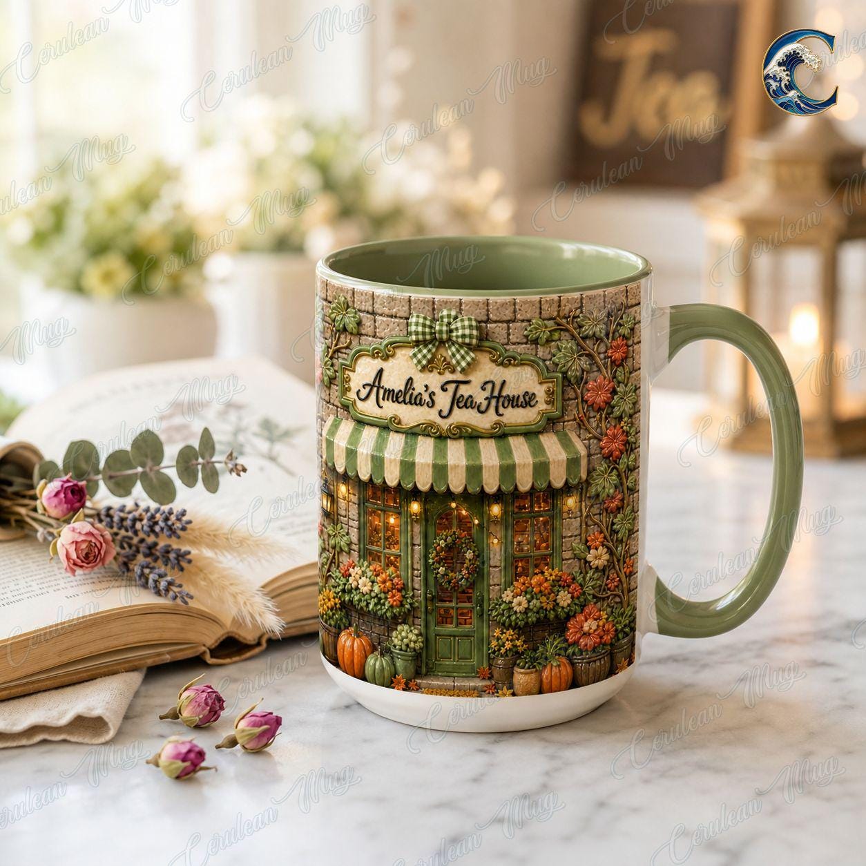 Personalized Tea Shop Mug, Sculpted Tea House Coffee Mug, Cozy Fall Storefront Mug, Custom Name Floral Mug, Autumn Tea Gift