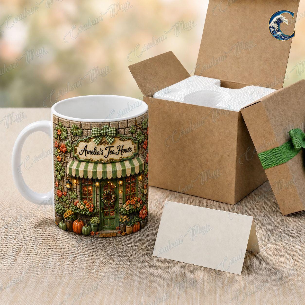 Personalized Tea Shop Mug, Sculpted Tea House Coffee Mug, Cozy Fall Storefront Mug, Custom Name Floral Mug, Autumn Tea Gift