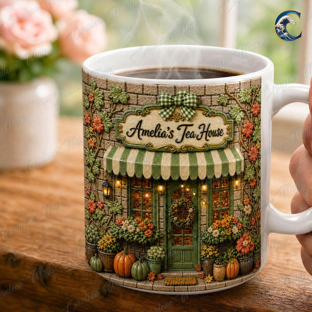 Personalized Tea Shop Mug, Sculpted Tea House Coffee Mug, Cozy Fall Storefront Mug, Custom Name Floral Mug, Autumn Tea Gift