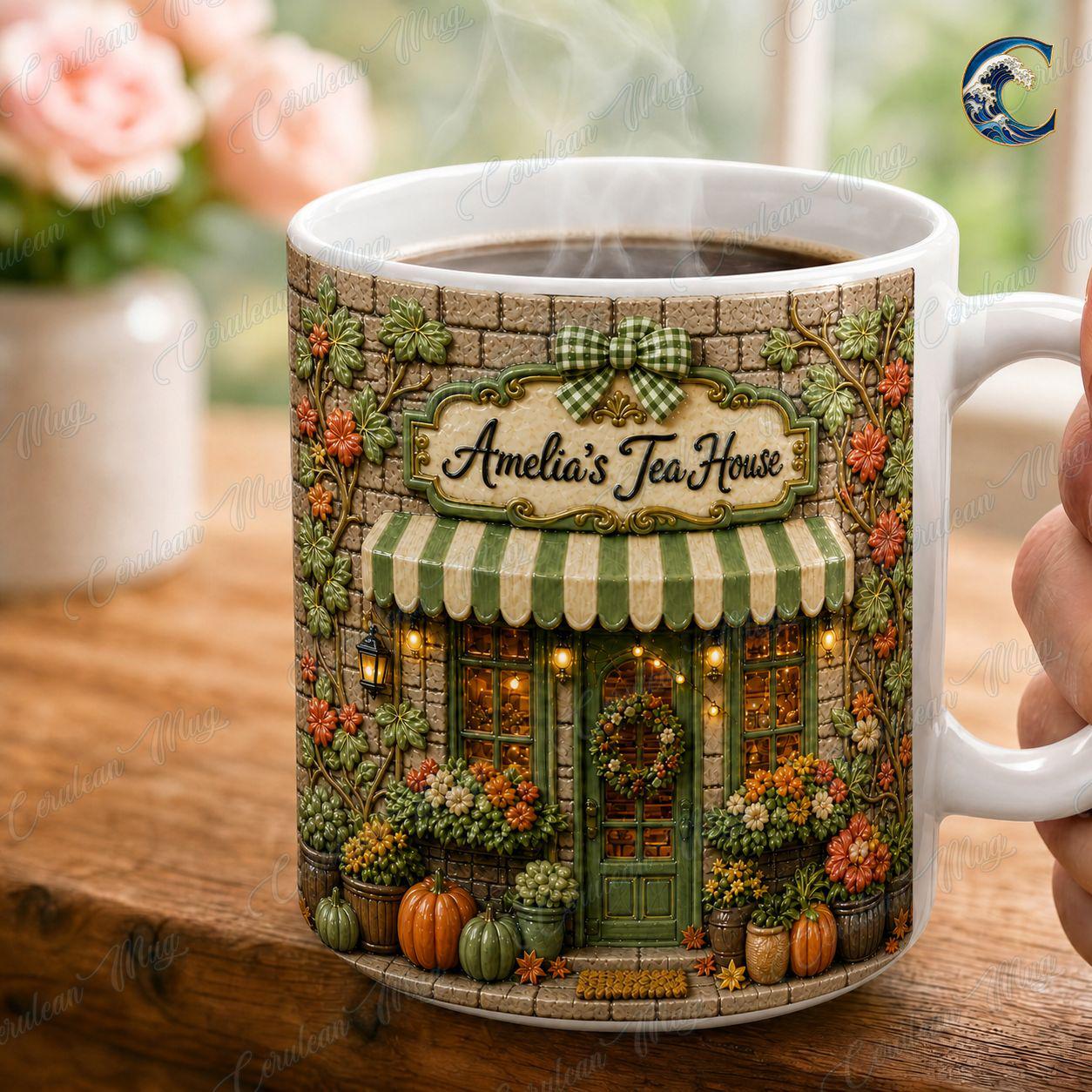 Personalized Tea Shop Mug, Sculpted Tea House Coffee Mug, Cozy Fall Storefront Mug, Custom Name Floral Mug, Autumn Tea Gift