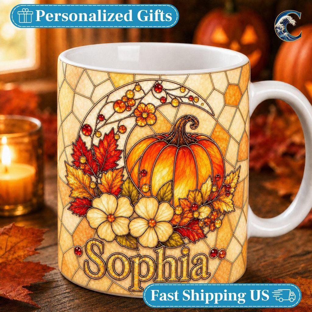 Personalized Stained Glass Pumpkin Mug, Custom Name Pumpkin Coffee Mug, Fall Floral Mug, Autumn Leaves Mug, Thanksgiving Gift