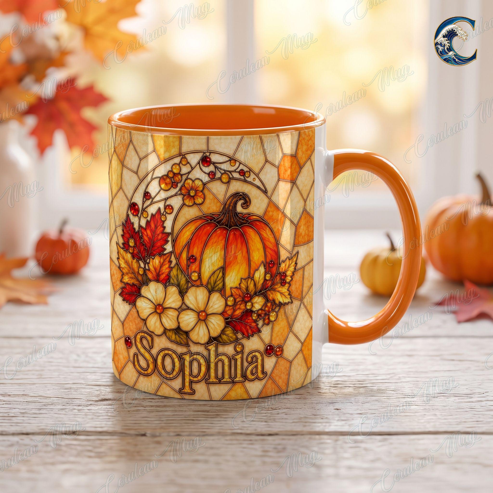 Personalized Stained Glass Pumpkin Mug, Custom Name Pumpkin Coffee Mug, Fall Floral Mug, Autumn Leaves Mug, Thanksgiving Gift